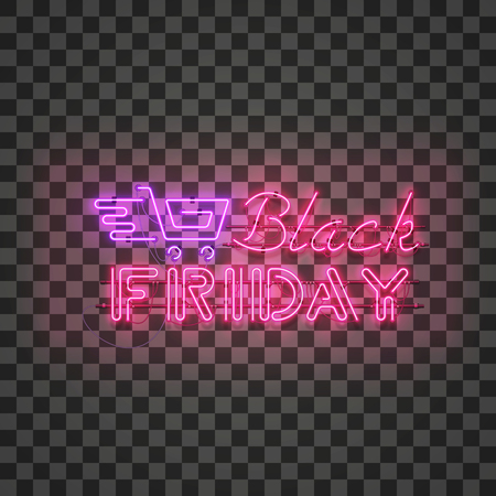 Shining and glowing realistic BLACK FRIDAY red neon sign with purple shopping cart isolated on transparent background. Bright neon sign, night advertisement logo, vector illustration.のイラスト素材