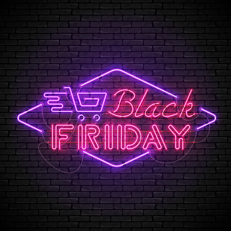 Shining and glowing realistic BLACK FRIDAY red neon sign with purple shopping cart isolated on brick wall background. Bright neon sign, night advertisement logo, vector illustration.のイラスト素材