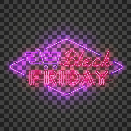 Shining and glowing realistic BLACK FRIDAY red neon sign with purple shopping cart isolated on transparent background. Bright neon sign, night advertisement logo, vector illustration.のイラスト素材