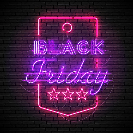 Shining and glowing realistic BLACK FRIDAY purple neon sign in red price tag frame isolated on brick wall background. Bright neon sign, night advertisement logo, vector illustration.のイラスト素材