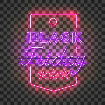Shining and glowing realistic BLACK FRIDAY purple neon sign in red price tag frame isolated on transparent background. Bright neon sign, night advertisement logo, vector illustration.のイラスト素材