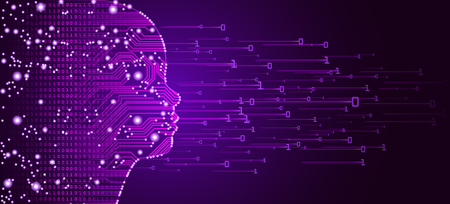 Big data and artificial intelligence concept. Machine learning and cyber mind education concept in form of child face outline with circuit board and binary data flow on purple background.のイラスト素材