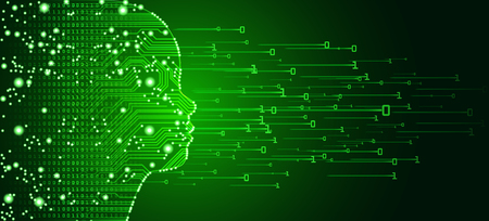 Big data and artificial intelligence concept. Machine learning and cyber mind education concept in form of child face outline with circuit board and binary data flow on green background.のイラスト素材