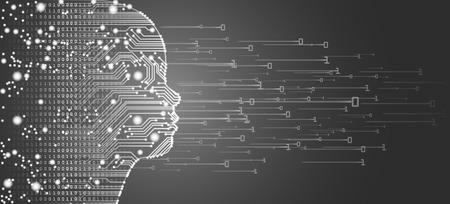 Big data and artificial intelligence concept. Machine learning and cyber mind education concept in form of child face outline with circuit board and binary data flow on silver background.のイラスト素材