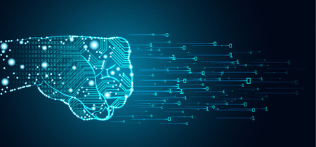 Big data and artificial intelligence concept. Machine learning and cyber mind domination concept in form of men fist outline with circuit board and binary data flow on blue background.のイラスト素材