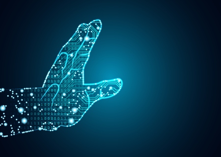 Big data and artificial intelligence concept. Machine learning and cyber mind domination concept in form of men palm outline with circuit board and binary data flow on blue background.のイラスト素材