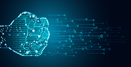Big data and artificial intelligence concept. Machine learning and cyber mind domination concept in form of men fist outline with circuit board and binary data flow on blue background.のイラスト素材