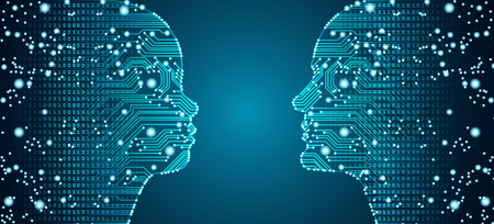 Big data, artificial intelligence, machine learning in online face-to-face parent child communciation in form of child and men faces outline with circuit board and binary data flow.のイラスト素材