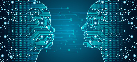 Big data, artificial intelligence, machine learning in online face-to-face parent child communciation in form of child and men faces outline with circuit board and binary data flow.のイラスト素材
