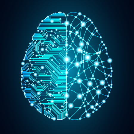 Big data and artificial intelligence concept. Machine learning and cyber mind domination concept in form of human brain outline outline with circuit board and binary data flow on blue background.のイラスト素材