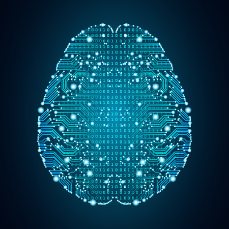 Big data and artificial intelligence concept. Machine learning and cyber mind domination concept in form of human brain outline outline with circuit board and binary data flow on blue background.のイラスト素材