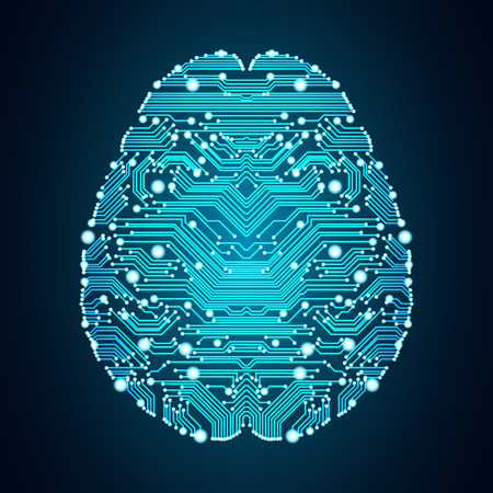 Big data and artificial intelligence concept. Machine learning and cyber mind domination concept in form of human brain outline outline with circuit board and binary data flow on blue background.のイラスト素材
