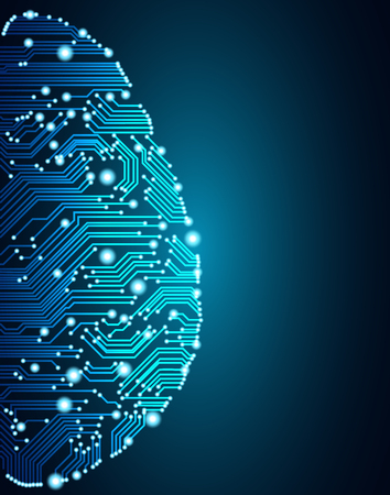 Big data and artificial intelligence concept. Machine learning and cyber mind domination concept in form of human brain outline outline with circuit board and binary data flow on blue background.のイラスト素材