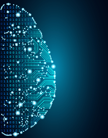 Big data and artificial intelligence concept. Machine learning and cyber mind domination concept in form of human brain outline outline with circuit board and binary data flow on blue background.のイラスト素材