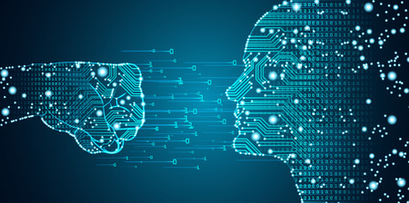 Big data and artificial intelligence penetration concept. Machine learning and computer hacking concept in form of men fist panching men head outline outline with circuit board and binary data flow.のイラスト素材
