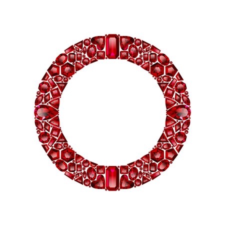 Round frame made of realistic red rubies with complex cuts isolated on white background. Jewel and jewelry. Colorful gems and gemstones. Trilliant, pear, oval, marquise, heart, triangle, lozenge.のイラスト素材