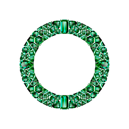 Round frame made of realistic green emeralds with complex cuts isolated on white background. Jewel and jewelry. Colorful gems and gemstones. Trilliant, pear, oval, marquise, heart, triangle, lozenge.のイラスト素材