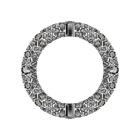Round frame made of realistic white diamonds with complex cuts isolated on white background. Jewel and jewelry. Colorful gems and gemstones. Trilliant, pear, oval, marquise, heart, triangle, lozenge.のイラスト素材