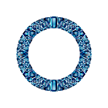 Round frame made of realistic blue amethysts with complex cuts isolated on white background. Jewel and jewelry. Colorful gems and gemstones. Trilliant, pear, oval, marquise, heart, triangle, lozenge.のイラスト素材