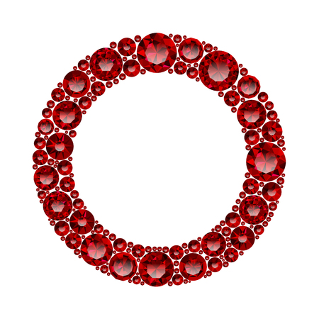 Round frame made of realistic red rubies with complex cuts isolated on white background. Jewel and jewelry. Colorful gems and gemstones. Magna, royal, zinnia, trap, single, swiss, sphere, zircon.のイラスト素材