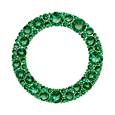 Round frame made of realistic green emeralds with complex cuts isolated on white background. Jewel and jewelry. Colorful gems and gemstones. Magna, royal, zinnia, trap, single, swiss, sphere, zircon.のイラスト素材