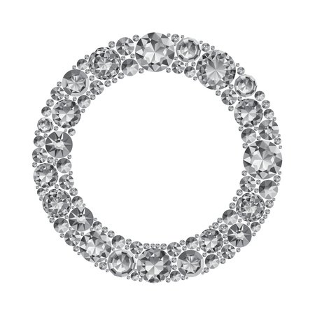 Round frame made of realistic shining diamonds with complex cuts isolated on white background. Jewel and jewelry. Colorful gems and gemstones. Magna, royal, zinnia, trap, single, swiss, sphere, zircon.のイラスト素材