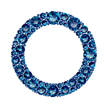 Round frame made of realistic blue amethysts with complex cuts isolated on white background. Jewel and jewelry. Colorful gems and gemstones. Magna, royal, zinnia, trap, single, swiss, sphere, zircon.のイラスト素材