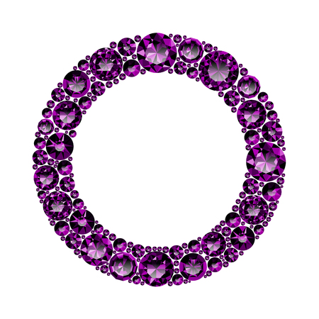 Round frame made of realistic purple amethysts with complex cuts isolated on white background. Jewel and jewelry. Colorful gems and gemstones. Magna, royal, zinnia, trap, single, swiss, sphere, zirconのイラスト素材
