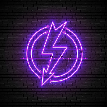 Shining and glowing purple lightning neon sign in circle isolated on brick wall background. Bright neon sign, night advertisement logo, vector illustration.のイラスト素材