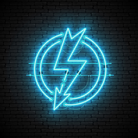 Shining and glowing blue lightning neon sign in circle isolated on brick wall background. Bright neon sign, night advertisement logo, vector illustration.のイラスト素材