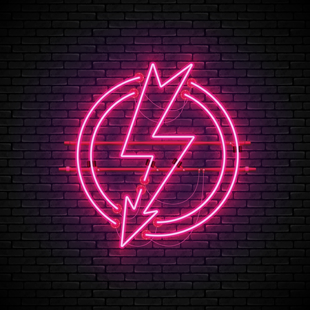 Shining and glowing red lightning neon sign in circle isolated on brick wall background. Bright neon sign, night advertisement logo, vector illustration.のイラスト素材