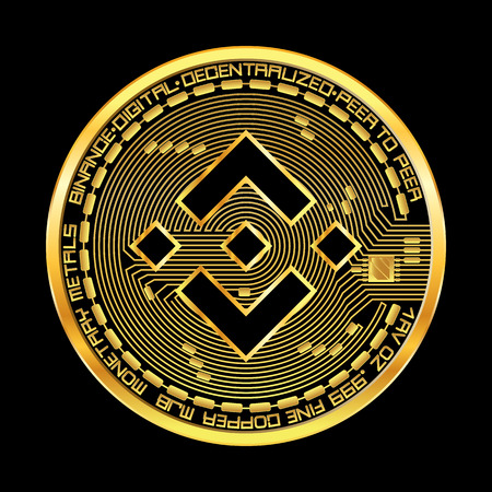 Crypto currency golden coin with black lackered binance symbol on obverse isolated on black background. Vector illustration. Use for logos, print products, page and web decor or other design.のイラスト素材
