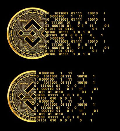 Set of crypto currency flying golden coins with black lackered binance symbol on obverse isolated on black background. Vector illustration. Use for logos, print products, web decor or other designのイラスト素材