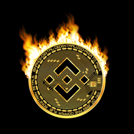 Crypto currency golden coin with black lackered binance symbol on obverse surrounded by realistic flame and isolated on black background. Vector illustration.のイラスト素材