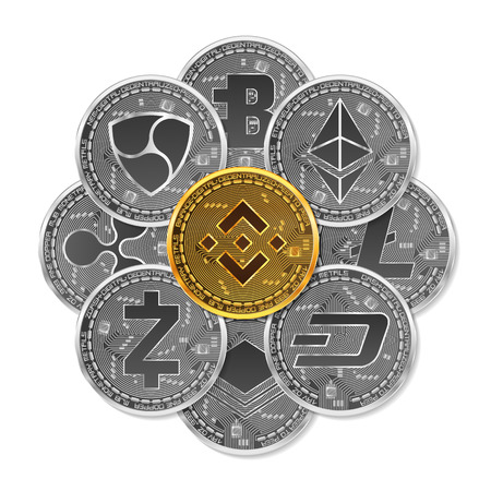 Set of gold and silver crypto currencies with golden binance in front of other crypto currencies as leader isolated on white background. Vector illustration. Use for logos, print productsのイラスト素材