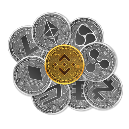 Set of gold and silver crypto currencies with golden binance in front of other crypto currencies as leader isolated on white background. Vector illustration. Use for logos, print productsのイラスト素材