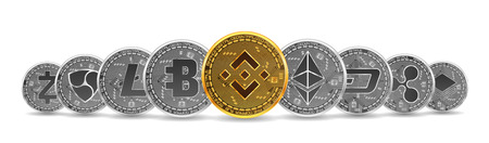 Set of gold and silver crypto currencies with golden binance in front of other crypto currencies as leader isolated on white background. Vector illustration. Use for logos, print productsのイラスト素材