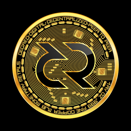 Crypto currency golden coin with black lackered decred symbol on obverse isolated on black background. Vector illustration. Use for logos, print products, page and web decor or other design.のイラスト素材