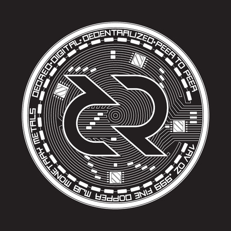 Crypto currency black coin with black decred symbol on obverse isolated on white background. Vector illustration. Use for logos, print products, page and web decor or other design.のイラスト素材