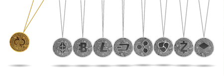 Newton cradle made of gold decred and silver crypto currencies isolated on white background. Decred accelerates other crypto currencies. Vector illustration. Use for logos, print productsのイラスト素材