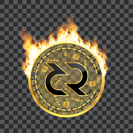 Crypto currency golden coin with black lackered decred symbol on obverse surrounded by realistic flame and isolated on transparent background. Vector illustration.のイラスト素材