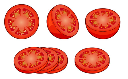 Set of fresh red tomato slices with shadows and highlights isolated on white background top view.のイラスト素材