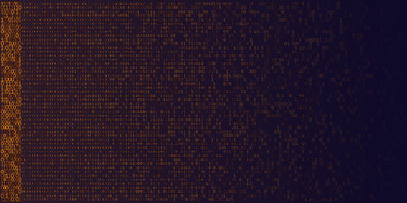 A warm, high-energy visualization of data distribution featuring glowing amber and orange binary...