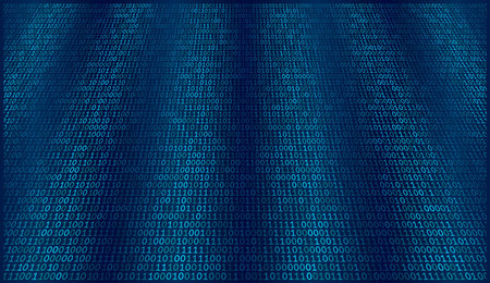 Electric cyan binary code cascades through deep blue void, each 1 and 0 shrinking toward a distant...