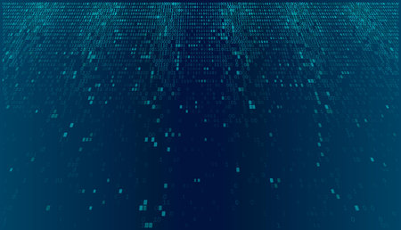 A sophisticated perspective of cascading binary code and glowing data fragments on a deep blue gradient. This visual represents the flow of information across secure digital infrastructures.のイラスト素材