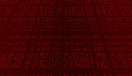 Horizontal bands of glowing binary code create a stratified digital landscape against a void. This...
