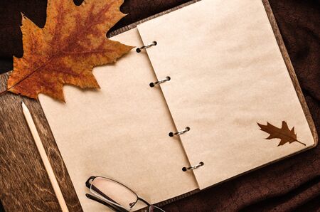 Autumn composition. Notepad with blank sheets, glasses, dry oak leaves on a brown pashmina scarf. Autumn mood. Flat lay. Copy spaceの写真素材