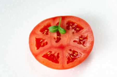 A slice of organic tomato and fresh sprout of sunflower on white background. Healthy eating concept. Close-up. Copy spaceの写真素材