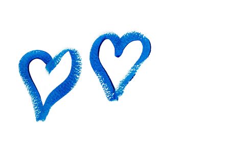 Two blue hearts hand drawn with acrylic paint isolated on white background. Valentines day background. Love symbol. Trendy classic blue color. Closeupの写真素材