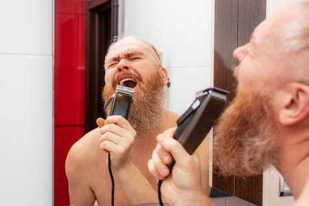 Handsome cheerful bearded man singing into hair trimmer instead of microphone in front of mirror in bathroom at home. Positive happy man joking and portraying a singer. Closeupの写真素材
